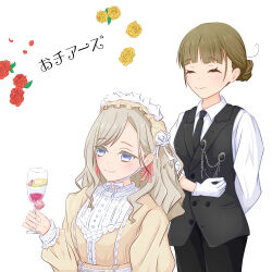 2girls ^_^ black_necktie black_pants black_vest blush brown_hair ceras_yanagida_lilienfeld champagne_flute closed_eyes closed_mouth collared_shirt commentary cup dress drinking_glass flower grey_hair hair_bun hair_ribbon hayama_fuka holding holding_cup kachimachi_kosuzu long_hair long_sleeves love_live! love_live!_hasu_no_sora_jogakuin_school_idol_club miyake_miu multiple_girls necktie pants pink_ribbon red_flower red_rose ribbon rose saboten_(sabo10_c) seeno_de!_hasu_no_sora! shirt short_hair single_hair_bun smile standing untranslatable_commentary vest virtual_youtuber voice_actor_connection white_shirt yellow_dress yellow_flower yellow_rose 