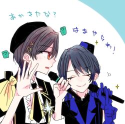 2girls ? awoke_(love_live!) black_hair black_jacket black_necktie blue_gloves blue_hair center_frills closed_eyes closed_mouth collared_shirt colored_speech_bubble commentary_request frills gloves hair_ornament highres holding holding_microphone jacket katsuragi_izumi love_live! love_live!_hasu_no_sora_jogakuin_school_idol_club microphone multiple_girls murano_sayaka necktie open_clothes open_jacket open_mouth orange_eyes profile shirt simple_background smile sparkle speech_bubble split_mouth spoken_question_mark theater_ikizama triangle_hair_ornament uehara_neutrin white_background white_shirt 