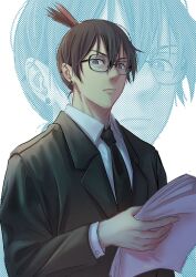  1boy artist_name bespectacled black_jacket black_necktie blue_eyes chainsaw_man closed_mouth commentary dress_shirt earrings glasses hayakawa_aki highres holding holding_paper jacket jewelry kim_mon_0905 long_hair looking_at_viewer male_focus necktie paper shirt short_hair simple_background solo suit_jacket topknot untranslatable_commentary upper_body white_background white_shirt zoom_layer 