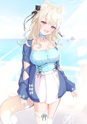  1girl absurdres animal_ear_fluff animal_ears black_bow blonde_hair blue_camisole blue_cardigan blue_choker blue_nails blue_sky blurry blurry_background blush bow breasts camisole cardigan choker commentary dog_ears dog_girl dog_tail fang feet_out_of_frame frilled_choker frills fuwawa_abyssgard fuwawa_abyssgard_(casual) hair_bow hair_ornament hairclip heart highres hololive hololive_english large_breasts light_rays looking_at_viewer multicolored_hair no_bra ocean open_mouth outdoors outline parallel_hairclips pink_skirt pleated_skirt railing ruru_rp1 skirt sky smile solo standing streaked_hair sunbeam sunlight tail thigh-highs untranslatable_commentary virtual_youtuber white_outline x_hair_ornament 