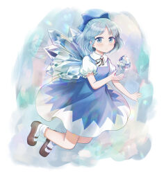  1girl blue_bow blue_dress blue_eyes blue_hair blush bow brown_shoes cirno closed_mouth collared_shirt commentary_request commission cryokinesis detached_wings dress full_body hair_bow highres ice ice_wings looking_at_viewer mary_janes mito_tsubaki neck_ribbon pinafore_dress puffy_short_sleeves puffy_sleeves red_ribbon ribbon shirt shoes short_sleeves skeb_commission sleeveless sleeveless_dress socks solo touhou watermark white_shirt white_socks wings 
