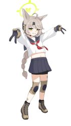  1girl absurdres ahoge animal_ears black_headband black_shorts blue_archive blue_sailor_collar blue_skirt boots braid brown_boots brown_gloves brown_hair commentary dated_commentary double_gyaru_v fox_ears fox_girl gloves green_eyes green_halo grin gyaru_v halo headband headphones highres knee_pads long_hair looking_at_viewer microphone navel neckerchief otogi_(blue_archive) pleated_skirt red_neckerchief sailor_collar shirt short_shorts shorts shorts_under_skirt skirt smile solo stomach v very_long_braid very_long_hair white_shirt xunis_xd 
