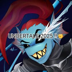  1girl 2025 2d alternate_form anthro armor black_background black_sclera blue_skin breastplate colored_sclera colored_skin colored_teeth copyright_name cropped dark_background digital_media ear_fins energy_weapon female female_only fins fish fish_girl gauntlets genocide_route_(undertale) gradient_background head_fins high_ponytail holding holding_polearm holding_spear holding_weapon long_hair monster monster_girl polearm ponytail red_hair sharp_teeth slit_pupils solo spear teeth text undertale undyne undyne_the_undying usoblu utdr_(toby_fox) weapon white_pupils yellow_teeth 