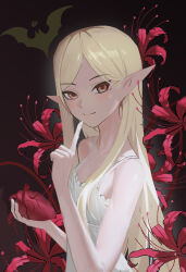  1girl 3331321346126 absurdres bare_shoulders bat_wings black_background commentary_request dress flower heart highres kiss-shot_acerola-orion_heart-under-blade kizumonogatari looking_at_viewer monogatari_(series) original oshino_shinobu pointy_ears simple_background smile spider_lily vampire white_dress wings yellow_eyes 