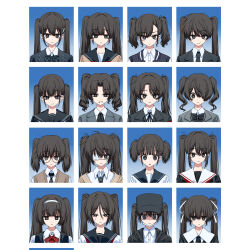  6+girls absurdres black_eyes black_hair black_hat black_sailor_collar blue_sailor_collar brown_shirt channel_(caststation) closed_mouth commentary_request concept_art eyepatch grey_suit hair_over_one_eye half-closed_eyes hat hatsune_miku highres id_photo ima_sugu_rinne_(vocaloid) long_sleeves looking_at_viewer mask mask_around_neck medical_eyepatch mouth_mask multiple_girls official_art official_artist_extra production_art red_ribbon ribbon sailor_collar school_uniform shirt smile suit twintails vocaloid white_sailor_collar 