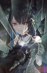  1girl absurdres advarcher asymmetrical_horns bare_shoulders black_gloves black_hair black_horns blue_hair broken_glass closed_mouth colored_inner_hair commentary demon_horns english_commentary glass gloves hair_ornament highres hololive hololive_english horns long_hair long_sleeves mirror mole mole_under_eye multicolored_hair nerissa_ravencroft red_eyes reflection reflection_focus shirt solo two-tone_hair uneven_horns virtual_youtuber white_shirt 