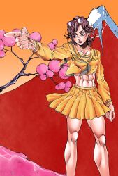  1girl abs absurdres araki_hirohiko_(style) closed_mouth commentary_request diamond_wa_kudakenai earrings eyewear_on_head heart highres jewelry jojo_no_kimyou_na_bouken jojo_pose kujo_jotaro's_pose mount_fuji muscular muscular_female neckerchief official_style orange_skirt orange_sky peace_symbol pointing saradaver school_uniform serafuku shizuka_joestar skirt sky solo stud_earrings sunglasses 