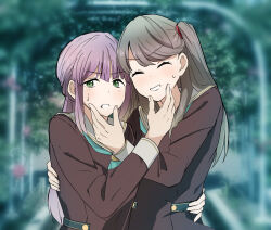  2girls ^_^ aqua_neckerchief blush brown_dress closed_eyes commentary_request dress fujishima_megumi green_eyes grin hand_on_another's_face hand_on_another's_waist hasu_no_sora_school_uniform highres llb long_hair long_sleeves love_live! love_live!_hasu_no_sora_jogakuin_school_idol_club low_ponytail multiple_girls neckerchief otomune_kozue photo_background ponytail purple_hair sailor_collar sailor_dress school_uniform sidelocks smile sweatdrop two_side_up v-shaped_eyebrows virtual_youtuber white_sailor_collar winter_uniform 