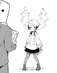  1boy 1girl absurdres blush boots buttons closed_mouth commentary_request double-breasted floating_hair greyscale handa_roco headphones headphones_around_neck highres holding holding_brush idolmaster idolmaster_million_live! jacket long_hair looking_at_another maverick_(muruchin) miniskirt monochrome p-head_producer paintbrush pantyhose producer_(idolmaster) simple_background skirt twintails v-shaped_eyebrows white_background 