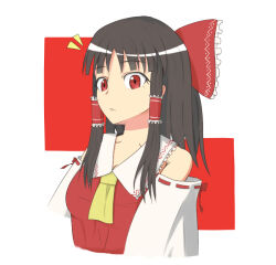  1girl ascot bow breasts brown_hair commentary_request detached_sleeves frilled_bow frilled_hair_tubes frills hair_bow hair_tubes hakurei_reimu long_hair looking_at_viewer midarin notice_lines red_bow red_eyes ribbon-trimmed_sleeves ribbon_trim small_breasts solo touhou upper_body yellow_ascot 