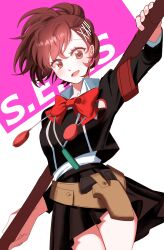  1girl absurdres black_skirt bow bowtie collared_shirt cowboy_shot evoker gekkoukan_high_school_uniform gun_in_pocket headphones highres holding holding_polearm holding_weapon megami_tensei naginata open_mouth persona persona_3 persona_3_portable pipi0303eme polearm red_bow red_bowtie red_eyes school_uniform shiomi_kotone shirt skirt solo undershirt weapon white_shirt 