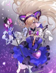  1girl arknights arknights:_endfield blue_bow blue_dress blue_gloves bow bowtie breasts brown_hair commentary dress floating_hair ga_isuto46563 gloves hair_bow hairband half-heart_hands highres holding holding_microphone large_breasts liino_(arknights) long_hair microphone one_eye_closed partially_fingerless_gloves pink_bow pink_bowtie pointy_ears solo star-shaped_pupils star_(symbol) symbol-shaped_pupils violet_eyes 