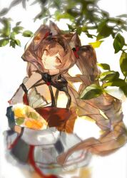  1girl angelina_(arknights) angelina_the_mellow_wish_(arknights) animal_ear_fluff animal_ears arknights black_collar black_gloves black_hairband brown_eyes brown_hair chinese_commentary collar commentary_request cowboy_shot dress earpiece food fox_ears fox_girl fruit gloves hair_between_eyes hairband highres holding leaf long_hair long_sleeves looking_at_viewer mieae orange_(fruit) pleated_dress smile solo standing tree_shade twintails white_dress 