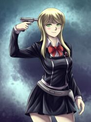  black_jacket black_skirt blonde_hair bow bowtie collared_shirt cowboy_shot danganronpa_(series) danganronpa_3_(anime) evoker gekkoukan_high_school_uniform gothamscarecrow green_eyes gun_to_own_head jacket kuzuryu_natsumi long_hair looking_at_viewer megami_tensei persona persona_3 persona_3_reload red_bow red_bowtie school_uniform shirt skirt smirk undershirt white_shirt 