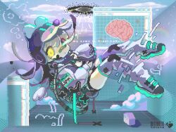  1girl animal_ear_helmet animal_helmet bandaid bandaid_on_face bandaid_on_nose brain cat_helmet commentary full_body glitch highres jacket jaggy_lines long_hair long_sleeves maiandkoh original oxygen_tank shoes short_shorts shorts sneakers solo subcul_jirai thigh-highs window_(computing) yellow_eyes 