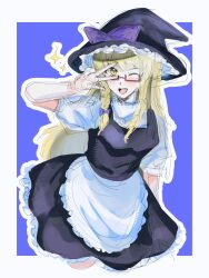  1girl apron bad_id bad_twitter_id black_hat black_skirt black_vest blonde_hair blue_background blush bow braid cookie_(touhou) cowboy_shot frilled_apron frilled_hat frilled_skirt frills glasses hair_bow hat hat_bow highres kirisame_marisa long_hair looking_at_viewer one_eye_closed open_mouth puffy_short_sleeves puffy_sleeves purple_bow red-framed_eyewear shirt short_sleeves side_braid single_braid sketch skirt skirt_set smile solo star_(symbol) touhou two-tone_background uzuki_(cookie) v v_over_eye vest waist_apron white_apron white_background white_shirt witch_hat yellow_eyes z_nmiy0 