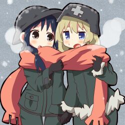  2girls black_eyes black_gloves blonde_hair blue_eyes blush breath chito_(shoujo_shuumatsu_ryokou) coat dokuta fur-trimmed_coat fur_trim gloves green_coat helmet long_sleeves looking_at_another multiple_girls open_mouth red_scarf scarf shared_clothes shared_scarf shoujo_shuumatsu_ryokou yuuri_(shoujo_shuumatsu_ryokou) 
