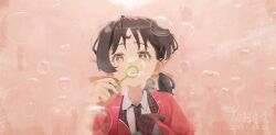  1girl absurdres black_hair black_necktie blowing blowing_bubbles bright_pupils bubble bubble_wand collared_shirt commentary eyelashes highres jacket kaai_yuki n1mrtk necktie pink_background red_jacket shirt solo twintails upper_body vocaloid white_pupils yellow_eyes 