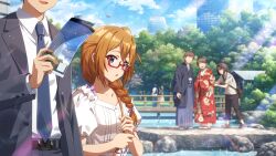  2girls 3boys baba_konomi bespectacled braid card_commentary commentary_request day game_asset glasses green_eyes idolmaster idolmaster_million_live! idolmaster_million_live!_theater_days long_hair multiple_boys multiple_girls official_art outdoors producer_(idolmaster) red-framed_eyewear semi-rimless_eyewear shirt single_braid third-party_source two_side_up under-rim_eyewear white_shirt 