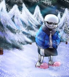 1boy 2026 2d artist_name black_shorts blue_jacket commentary digital_media english_commentary full_body grey_hood half-closed_eyes hands_in_pockets highres hollow_eyes hood hood_down hooded_jacket humanoid jacket long_sleeves male male_focus male_only monster monster_boy open_clothes open_jacket outdoors pine_tree pink_slippers sans_(undertale) shorts single_vertical_stripe skeleton slippers snow snowing socks solo standing striped_clothes striped_shorts sweater teeth textless_version torchicmaster tree undead undertale utdr_(toby_fox) variant_set vertical-striped_clothes vertical-striped_shorts watermark white_socks white_stripes white_sweater