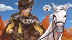  1boy absurdres blue_sky brown_gloves brown_hat brown_poncho brown_vest collared_shirt commentary cowboy cowboy_hat cowboy_western english_commentary gloves gold_ship_(racehorse) gold_ship_(umamusume) grin hat highres horseback_riding mesa mouth_hold open_clothes open_vest outdoors riding shirt sky smile spoken_character stalk_in_mouth team_spica's_trainer tongue tongue_out trainer_(umamusume) twitter_username umamusume vest yellow_shirt zenicia_art 