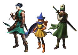  1girl 2boys ahoge alena_(dq4) arm_strap armlet bag bandaged_leg bandages belt black_belt black_boots black_gloves black_pantyhose blue_cape blue_eyes blue_hair blue_hat blunt_ends boots breasts brown_belt brown_boots brown_eyes brown_tunic cape clenched_hand clenched_hands clift closed_mouth coat commentary_request dragon_quest dragon_quest_iv dragon_quest_vi dress earrings fingerless_gloves full_body gloves green_coat green_hat green_tunic hair_between_eyes hand_on_own_chest hand_on_own_hip hat hero_(dq6) highres hoop_earrings huge_weapon jewelry jun_(navigavi) lips long_hair looking_at_viewer looking_to_the_side male_focus multiple_boys muscular muscular_male nose orange_boots orange_gloves orange_hair ornate pantyhose parted_lips red_eyes scarf sheath sheathed short_hair simple_background small_breasts smile standing sword sword_on_back teeth tunic weapon weapon_on_back white_background white_bag yellow_dress yellow_scarf 