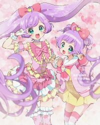  2girls :d ahoge blue_eyes bow cardigan chii_(chi_pppuri) choker commentary_request double_bun dress dress_bow dual_persona frilled_choker frilled_dress frilled_sleeves frilled_thighhighs frills gloves hair_bow hair_bun highres holding_hands layered_dress long_hair manaka_laala manaka_laala_(normal) multicolored_dress multiple_girls neckerchief open_cardigan open_clothes open_mouth paprika_private_academy_school_uniform pink_background pink_bow pink_cardigan pink_choker pink_dress pink_neckerchief pink_thighhighs pleated_dress pretty_series pripara purple_hair sailor_dress school_uniform short_hair short_sleeves sleeve_bow sleeveless sleeveless_dress smile thigh-highs twintails v v_over_eye very_long_hair white_dress white_gloves yellow_dress 