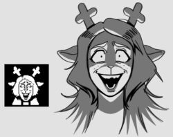1girl 2026 2d animal_ears animal_nose anthro antlers body_fur buck_teeth commentary crazy_eyes cropped_head deer deer_ears deer_girl deltarune derivative_work digital_media eliasvrk english_commentary female female_only freckles furry furry_female grey_background greyscale long_hair mammal monochrome noelle_holiday open_mouth pixel_art_inset reference_inset reindeer reindeer_girl simple_background solo spoilers teeth utdr_(toby_fox) weird_route_(deltarune) wide-eyed