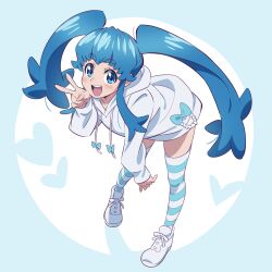  1girl blue_background blue_eyes blue_hair blue_thighhighs english_commentary from_above full_body hand_up heart highres hood hood_down hoodie legs_apart light_blush long_hair long_sidelocks long_sleeves looking_at_viewer loose_clothes precure shirayuki_hime shoes sidelocks smile solo standing straight_hair striped_clothes striped_thighhighs teeth thick_eyebrows thigh-highs tomatomagica twintails two-tone_background upper_teeth_only v very_long_hair white_background white_hoodie white_shoes zettai_ryouiki 