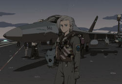  1girl 6+others aircraft aircraft_carrier airplane bag blue_eyes dusk etmc1992 f-18_super_hornet fighter_jet flight_deck grey_hair highres holding holding_bag jumpsuit military_vehicle multiple_others original ship solo_focus warship watercraft 