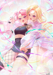  2girls :d asymmetrical_bangs asymmetrical_legwear balloon belt black_belt black_choker black_shirt black_skirt blonde_hair blue_nails boots breasts chain choker commentary_request detached_sleeves earrings fangs fingerless_gloves fingernails fishnet_thighhighs fishnets forehead gloves high_side_ponytail highres himehina_channel holding_hands hug hug_from_behind jacket jewelry lace lace_gloves light_blush long_fingernails long_hair long_sleeves makeup midriff miniskirt multicolored_hair multiple_girls nail_polish open_mouth parted_bangs pink_eyes pink_hair puffy_sleeves purple_jacket purple_nails see-through_clothes see-through_jacket shirt short_shorts shorts side_ponytail silentcity skirt small_breasts smile standing streaked_hair suzuki_hina tanaka_hime teeth thigh-highs thigh_belt thigh_strap upper_teeth_only v very_long_hair virtual_youtuber white_gloves white_shorts 
