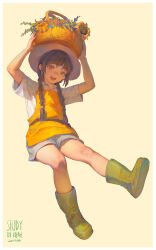  1girl :d apron arms_up artist_name basket basket_on_head belt blush boots border braid brown_belt brown_hair collared_shirt commentary dated english_commentary flower flower_basket full_body grey_shorts hair_over_shoulder hair_tie hat head_tilt highres holding holding_basket invisible_chair krenz long_hair looking_at_viewer open_collar open_mouth original outstretched_leg red_eyes rubber_boots shirt short_sleeves shorts sidelocks simple_background sitting smile solo sunflower teeth twin_braids upper_teeth_only white_border white_hat white_shirt wicker_basket yellow_apron yellow_background yellow_boots yellow_flower 