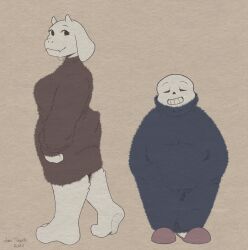 1boy 1girl 2020 2d alternate_costume animal_ears animal_nose anthro artist_name barefoot body_fur brown_background brown_slippers closed_eyes digital_media dress droopy_ears duo fangs female floppy_ears full_body furry furry_female fuzzy_clothes goat goat_ears goat_girl goat_horns highres horns humanoid long_sleeves loutpott male mammal monster monster_boy monster_girl sans_(undertale) signature skeleton skin_fangs slippers socks standing teeth toriel turning_head undead undertale utdr_(toby_fox) white_fur white_horns white_socks