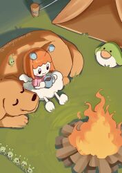  1girl aerobic_germs_(rhythm_tengoku) animal animal_ears antennae artist_name bear bee bird black_eyes blush blush_stickers bug campfire closed_eyes closed_mouth coffee_mug cup dog dress duck fire food frog grass highres holding holding_cup ladybug log lying marshmallow monyorun mug ondoku-chan orange_hair outdoors pink_dress rhythm_tengoku rhythm_tengoku_miracle_stars short_hair sitting skirt skull sleeping smile solo tent tree_stump white_dress white_skirt wings 