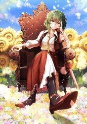  1girl absurdres ascot blue_sky chair closed_mouth closed_umbrella clouds collared_shirt commentary_request crossed_legs day field flower flower_field flower_request frilled_skirt frills full_body green_hair high_heels highres itocoh kazami_yuuka long_sleeves looking_at_viewer medium_hair on_chair open_clothes open_vest outdoors plaid_clothes plaid_skirt plaid_vest red_eyes red_shoes red_skirt red_vest shirt shoes sitting skirt skirt_set sky smile solo sunflower sunflower_field touhou umbrella vest white_shirt yellow_ascot yellow_flower 