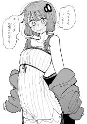  1girl blush breasts commentary_request cowboy_shot dress greyscale hair_ornament highres jacket jacket_partially_removed long_hair looking_at_viewer monochrome open_mouth sidelocks simple_background small_breasts solo strapless strapless_dress tarotanat translation_request vocaloid voiceroid yuzuki_yukari 