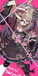  1girl animal_ears black_leggings black_nails black_skirt braid character_request commentary_request dress frilled_dress frills from_above glasses grey_hair highres holding holding_microphone horse_ears horse_girl jirai_kei leggings looking_at_viewer microphone pink_background pink_shirt shirt skirt solo takuan_(taku1219oekaki) umamusume v 