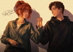  1boy 1girl absurdres black_hoodie blue_eyes brown_eyes brown_hair buttons collarbone collared_shirt commentary english_commentary hair_bun highres holding_hands hood hood_down hoodie jean_grey looking_at_another marvel orange_eyes peter_parker shadow shirt signature spider-man:_brand_new_day spider-man_(series) starficsboy sweater_partially_tucked_in white_shirt 
