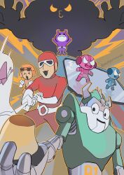  armor bug butterfly clouds entomologist_(rhythm_tengoku) entomologist_daughter_(rhythm_tengoku) food goggles goggles_on_head helmet highres holding holding_food monyorun mr._blue_(rhythm_tengoku) ms._pink net outstretched_arms pudding rhythm_tengoku rhythm_tengoku_miracle_stars robot s-catch-01 size_difference spread_arms superhero_costume tokusatsu warping_alien_(rhythm_tengoku) windshield yellow_cloud_(rhythm_tengoku) 