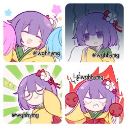 +++ 1girl :d @_@ ^_^ anger_vein angry artist_name bespectacled blush_stickers boxing_gloves chinese_commentary chinese_text closed_eyes closed_mouth commentary_request fby1313133 fiery_aura flower glasses gloom_(expression) green_kimono hair_flower hair_ornament hakama hakama_skirt hieda_no_akyuu highres holding holding_pom_poms japanese_clothes kimono layered_kimono long_sleeves multiple_views open_mouth pom_pom_(cheerleading) purple_hair red_hakama single_blush_sticker skirt smile smug touhou translation_request violet_eyes wide_sleeves yellow_kimono 