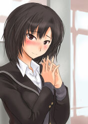  1girl alternate_hairstyle amagami black_hair black_jacket black_sailor_collar brown_eyes cardigan commentary_request jacket kibito_high_school_uniform long_sleeves murasaki_iro nanasaki_ai revision sailor_collar school_uniform short_hair solo steepled_fingers sweater_vest upper_body 