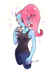  1girl 2d anthro black_eyepatch black_tank_top blue_skin blush breasts bubble_tea collarbone colored_sclera colored_skin colored_teeth cropped_legs cup digital_media drinking drinking_glass drinking_straw drinking_straw_in_mouth ear_fins eyepatch female female_only fins fish fish_girl flower_(symbol) gills head_fins highres holding holding_cup long_hair monster monster_girl noah_(tettsui-sole) pink_nails ponytail red_hair shadow sharp_teeth signature slit_pupils solo tank_top teeth undertale undyne utdr_(toby_fox) yellow_sclera yellow_teeth 