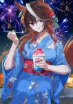 1girl absurdres alternate_costume animal_ears bangs blue_kimono blurry blurry_background breasts brown_hair closed_mouth cup earrings fire hair_ornament hand_up highres holding holding_cup holding_spoon horse_ears horse_girl horse_tail japanese_clothes jewelry kimono licking_lips long_hair long_sleeves looking_at_viewer multicolored_hair night outdoors shaved_ice shidare_(youh4016) single_earring sitting solo spoon symboli_rudolf_(umamusume) tail tongue tongue_out umamusume violet_eyes wide_sleeves yukata 