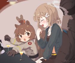  1other 2girls :d allpikomin arknights bandeau black_bandeau black_gloves bodysuit brown_hair ceiling_light closed_eyes cocktail_glass cup doctor_(arknights) dog_tags drinking drinking_glass feather_hair firewhistle_(arknights) ghostbusters_uniform gloves grey_bodysuit hair_ornament hairclip helmet highres holding holding_cup jacket laughing long_sleeves mug multiple_girls official_alternate_costume open_clothes open_jacket open_mouth shaw_(arknights) shaw_(cleansweeper_in_the_castle)_(arknights) short_hair smile squirrel_girl squirrel_tail steam stuffed_toy tail twitter_username unworn_headwear unworn_helmet 