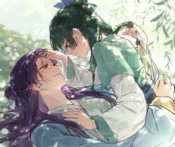  1boy 1girl beads blue_eyes chinese_clothes flower grass green_hair hair_beads hair_bun hair_ornament half_updo hanfu hetero highres jinshi_(kusuriya_no_hitorigoto) kusuriya_no_hitorigoto layered_sleeves long_hair long_sleeves looking_at_another lying maomao_(kusuriya_no_hitorigoto) multi-tied_hair on_back purple_hair short_sleeves single_hair_bun smile sunlight violet_eyes wide_sleeves yuikisezu 