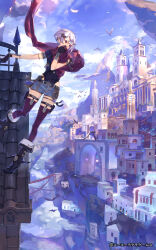  1girl adjusting_scarf architecture atelier_(series) atelier_resleriana balancing bird black_gloves black_shoes blue_shorts bridge building clouds day feathers floating_scarf gloves grey_hair high_heels highres johanna_(atelier) munashichi official_art outdoors purple_scarf purple_thighhighs scarf scarf_over_mouth scenery shoes short_hair short_sleeves shorts sky solo stairs standing standing_on_roof thigh-highs thigh_strap violet_eyes white_feathers window 
