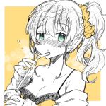  1girl aqua_eyes ayoiji blush camisole close-up cup drink drinking_glass drinking_straw frilled_camisole frills holding holding_cup hololive looking_at_viewer medium_hair monochrome natsuiro_matsuri scrunchie side_ponytail sketch solo spaghetti_strap spot_color virtual_youtuber yellow_background yellow_camisole yellow_nails yellow_scrunchie 