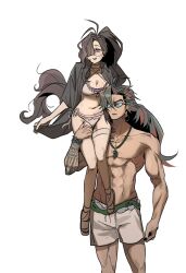  1boy 1girl arm_tattoo bikini brown_hair carrying commentary_request earrings fate/grand_order fate_(series) father_and_child father_and_daughter frilled_bikini frills glasses hair_over_one_eye highres hoop_earrings jewelry korean_commentary long_hair magatama magatama_necklace male_swimwear navel necklace ono_no_komachi_(fate) ono_no_komachi_(swimsuit_archer)_(fate) ono_no_takamura_(swimsuit_archer)_(fate) parent_and_child pink_eyes ponytail shoulder_carry sunglasses swim_trunks swimsuit tattoo thdtjddus2810 