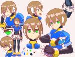  aile_(mega_man_zx) blue_jacket brown_hair full_body gloves green_eyes headphones hip_focus jacket mega_man_(series) mega_man_zx model_x_(mega_man) pantyhose sad serious shoes short_hair shorts simple_background smile tight white_shorts 