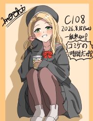  1girl black_dress black_hat black_pantyhose blonde_hair blush comiket_108 commentary_request cup dress green_eyes grin hat highres holding holding_cup kamiina_botan_yoeru_sugata_wa_yuri_no_hana kitamori_yaeka long_hair mocchii_(user_tkry4523) pantyhose shoes sitting smile solo translation_request white_shoes yellow_background 